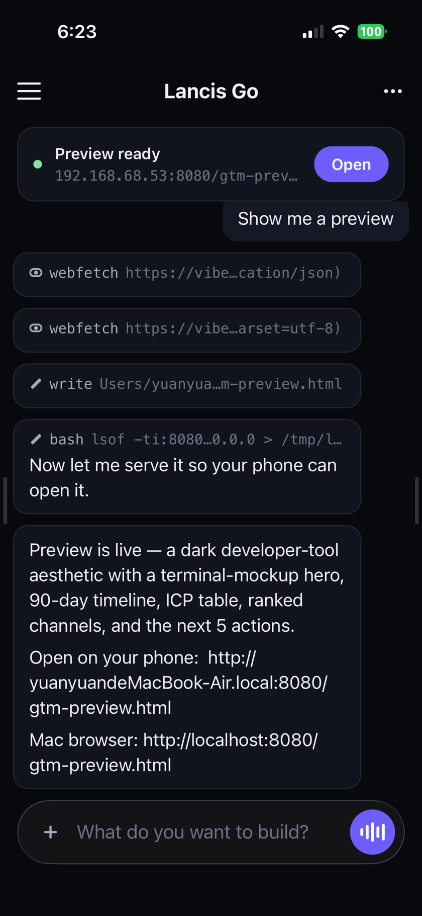 Lancis Go: a worker fetching pages, writing a file and starting a server, with a Preview ready banner and an Open button at the top of the conversation.