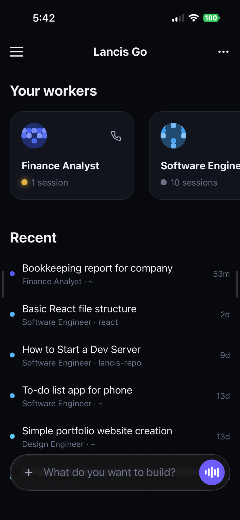 Lancis Go: a row of worker cards — Finance Analyst with one session waiting, Software Engineer with ten — above a list of recent sessions.
