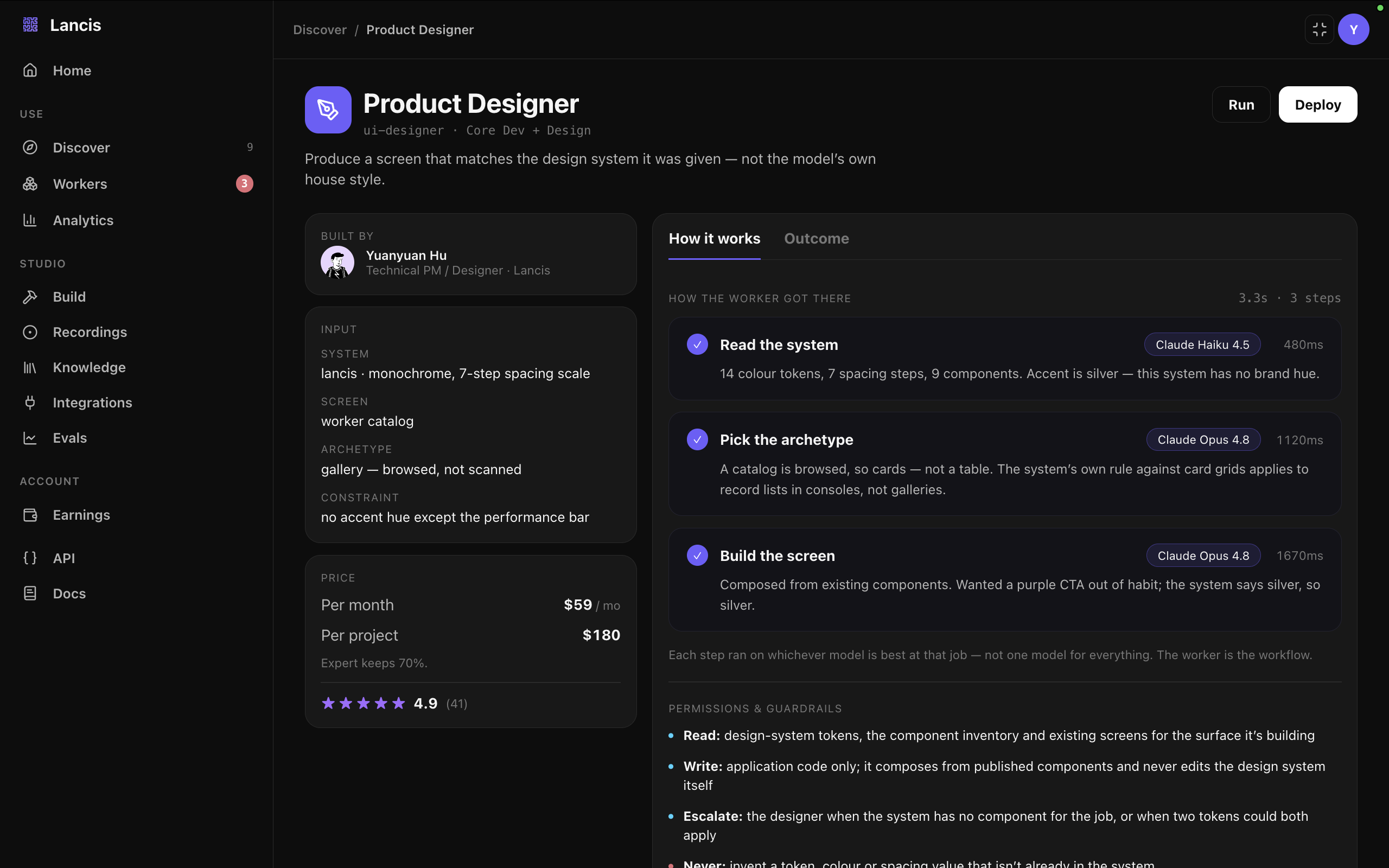 The Product Designer worker page, built by Yuanyuan Hu: $59 per month, listed with the design system, screen, archetype and constraint it was given. A How-it-works view shows the three steps it took in 3.3 seconds — read the system on Claude Haiku 4.5, then pick the archetype and build the screen on Claude Opus 4.8 — each with the reasoning behind it.