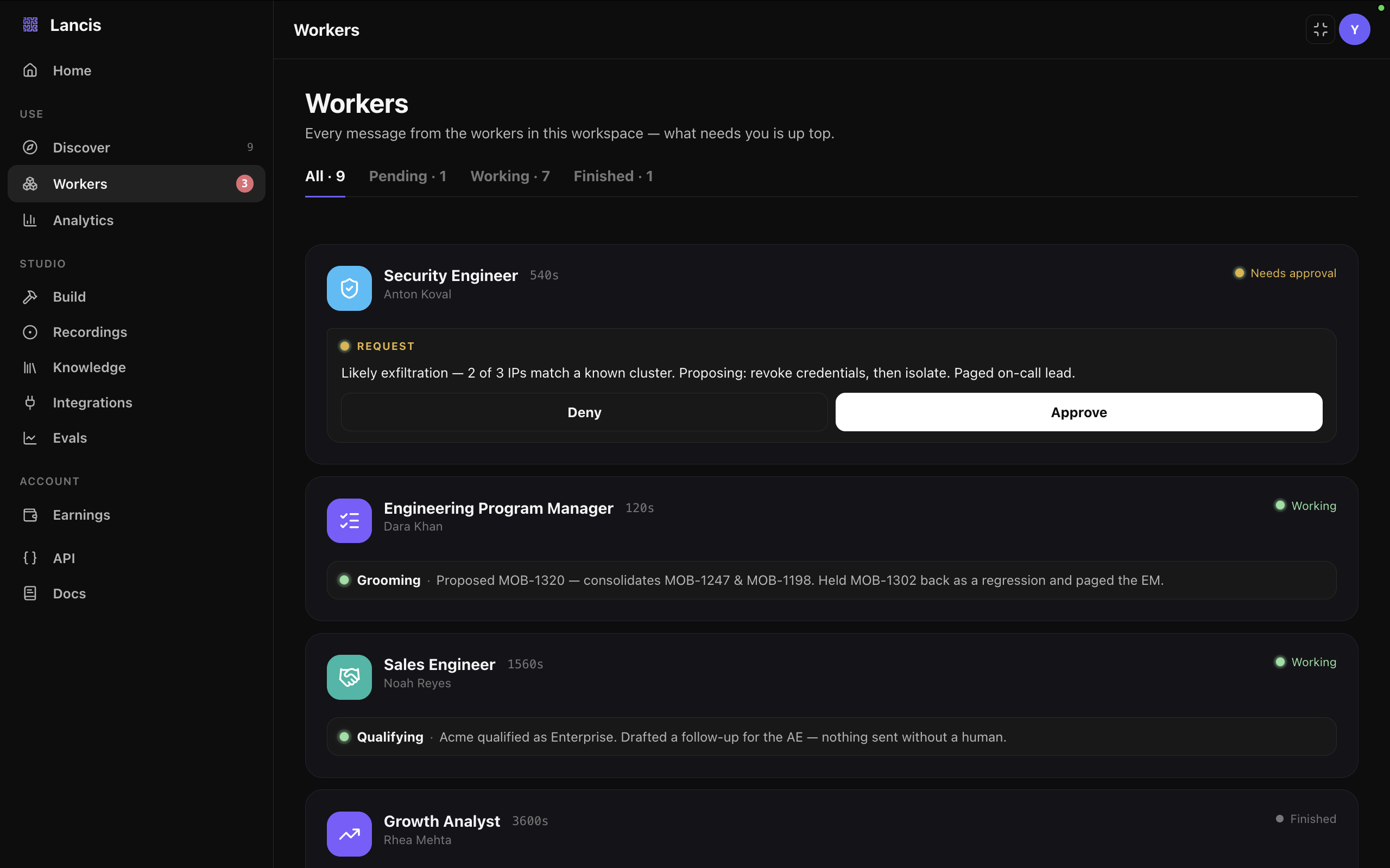 The Lancis Workers inbox: a pending request marked with a yellow Request chip and Approve/Deny actions, working workers with live status lines, and finished workers showing the files they delivered.